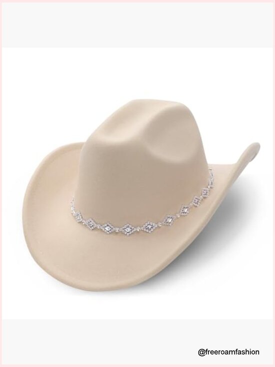 Rhinestone Cowboy Hat Wide Brim Felt Fedora Unisex Rolled Up Caps main image 6
